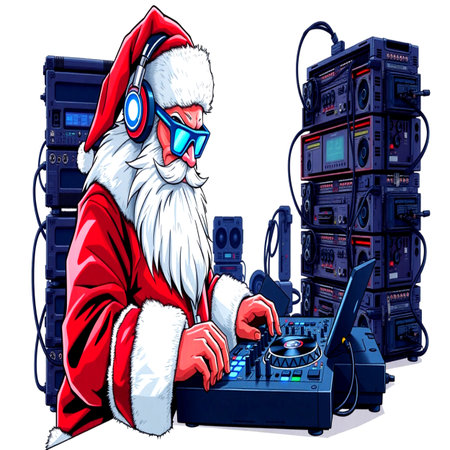 Santa Claus playing music on turntable with headphones and laptop.の写真素材