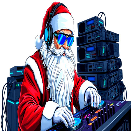 Santa Claus playing music on turntable with headphones. Vector illustrationの写真素材