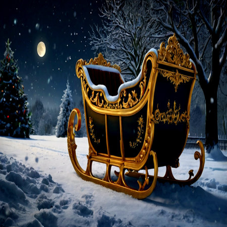 Santa Claus sleigh in the forest at night. Christmas background.の写真素材