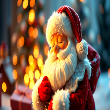 Santa Claus with gift boxes on blurred background. Christmas and New Year concept.の写真素材