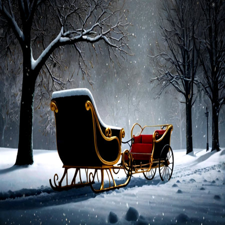 Santa Claus sleigh in winter forest with snowfall. Christmas background.の写真素材