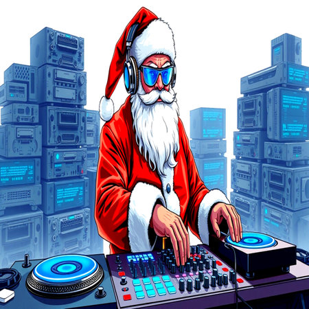 Santa Claus with headphones playing music on turntable. Vector illustration.の写真素材