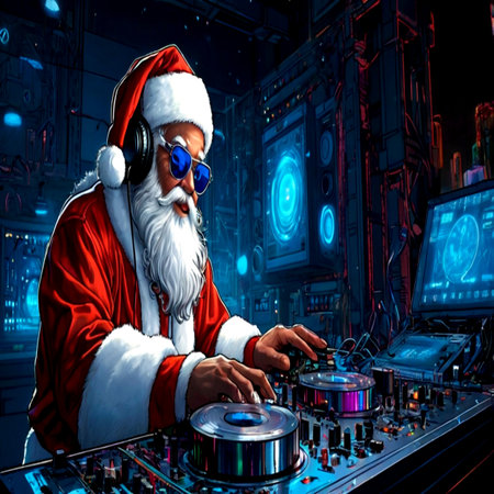 Santa Claus playing music on a turntable in a nightclub.の写真素材