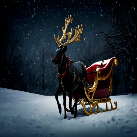 Reindeer sleigh at night in winter forestの写真素材