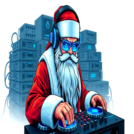 Santa Claus with headphones and dj mixer on the background of the city.の写真素材
