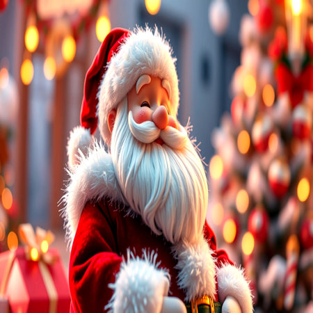 Santa Claus with Christmas tree in the background. Christmas and New Year concept.の写真素材