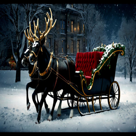 Carriage with reindeer and Santa Claus in the winter cityの写真素材
