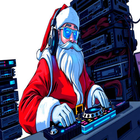 Santa Claus with headphones playing on a turntable. Vector illustration.の写真素材