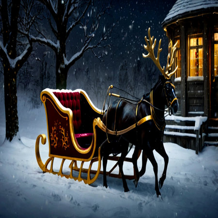 Santa Claus sleigh with reindeer sleigh at night.の写真素材