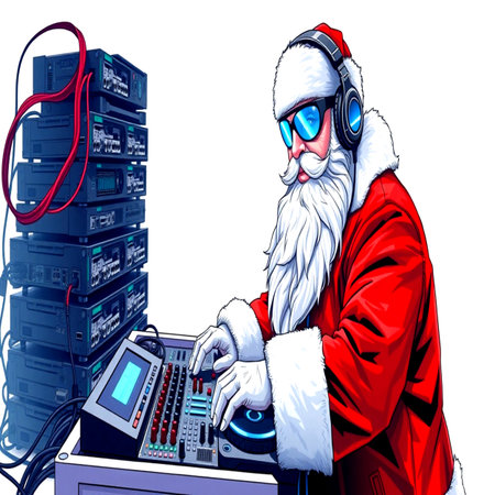 santa claus with headphones and sound mixer in the server roomの写真素材