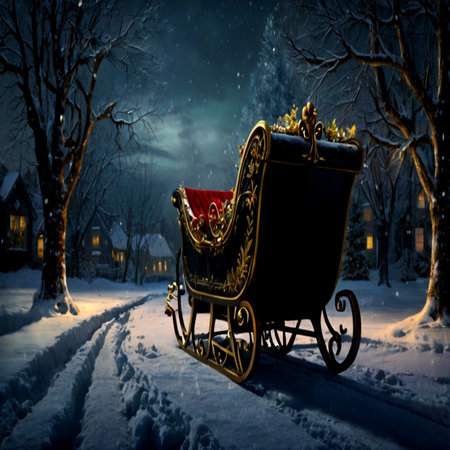 Christmas carriage in the winter night. Carriage in the village.の写真素材