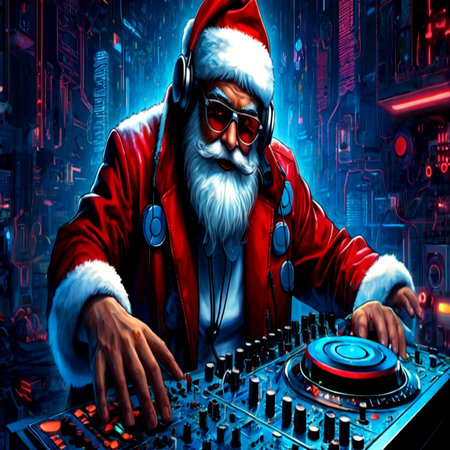 Santa Claus mixing music on a turntable in front of a nightclubの写真素材