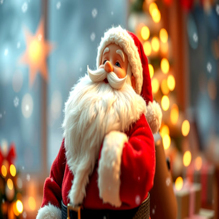 santa claus doll sitting in front of christmas tree with lightsの写真素材