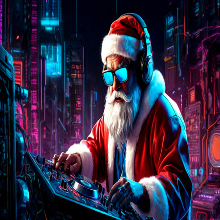 Portrait of Santa Claus in headphones and eyeglasses mixing music in a nightclub.の写真素材