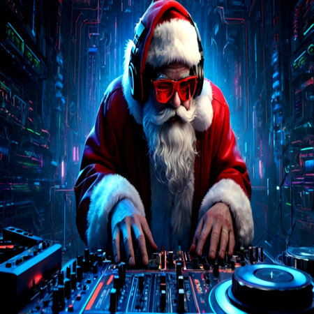 Santa Claus playing music with headphones and mixing console on dark techno backgroundの写真素材