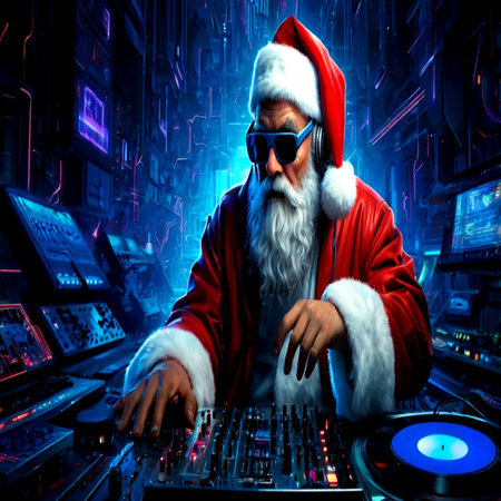 Portrait of santa claus mixing music on turntables at nightclubの写真素材