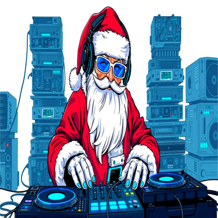 Santa Claus DJ playing music on turntable. Vector illustration.の写真素材