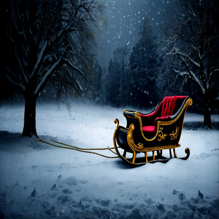 Santa Claus sleigh in the winter forest. Christmas and New Year background.の写真素材