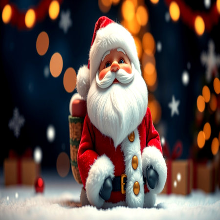 Santa Claus sitting on the snow with gifts. Christmas and New Year concept.の写真素材