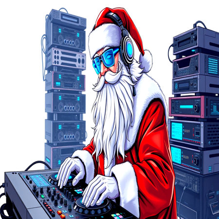 Illustration of Santa Claus in front of a big set of serversの写真素材