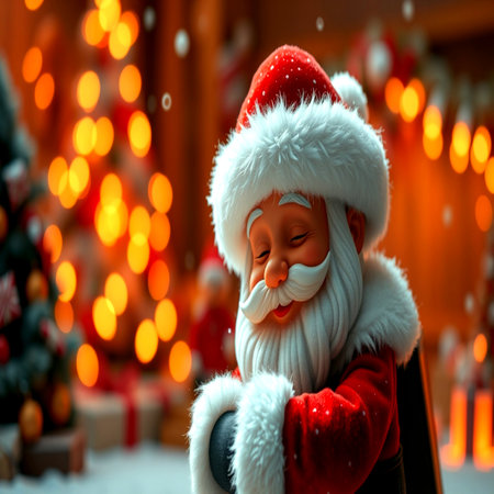 Santa Claus doll on the background of the Christmas tree and lights.の写真素材