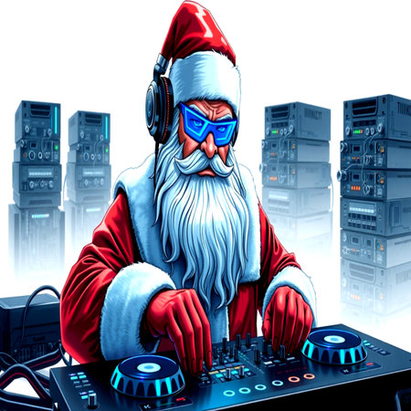 santa claus on dj's turntable with headphones, 3d illustrationの写真素材