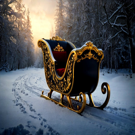 Santa Claus sleigh in the winter forest. Christmas and New Year background.の写真素材