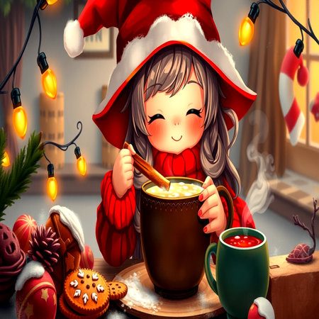 Cute little girl in red sweater and Santa hat is drinking hot chocolate with marshmallows. Christmas and New Year concept.の写真素材