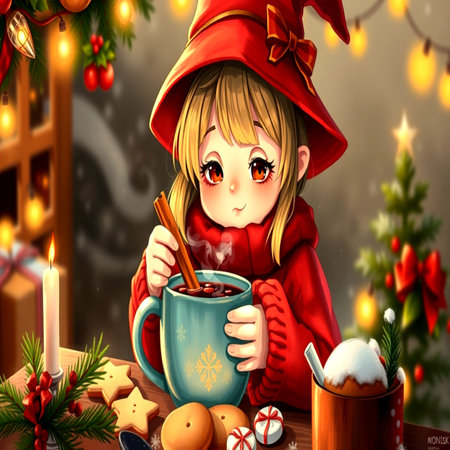 A cute little girl in a red coat and a red hat is drinking hot mulled wine from a blue cup on the background of Christmas decorations.の写真素材