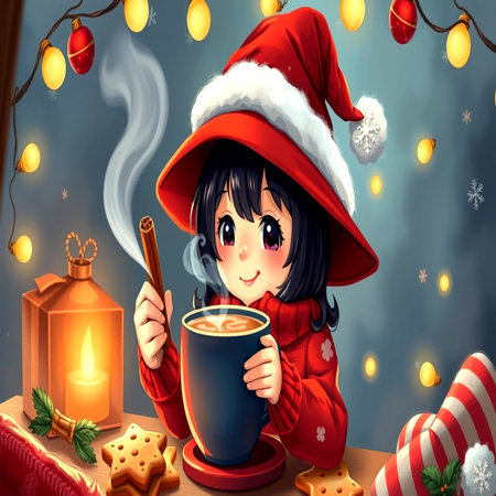 Cute cartoon girl in santa hat with cup of hot chocolate and cookies on Christmas background.の写真素材