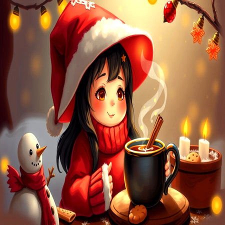 Cute little girl with a cup of hot chocolate and Christmas decorations.の写真素材