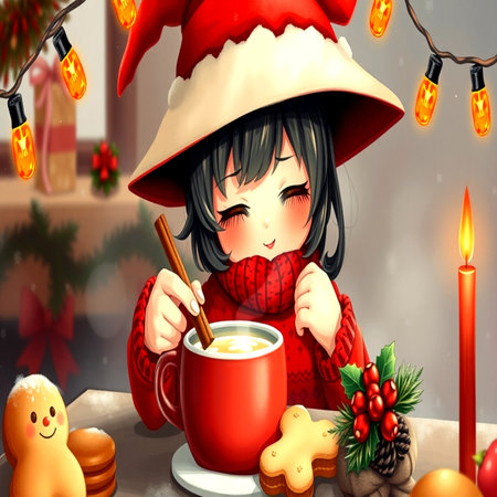 Illustration of a girl in a red sweater with a cup of hot tea and gingerbread cookiesの写真素材