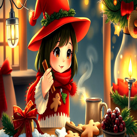 Christmas and New Year illustration with little girl in a red sweater with a cup of hot teaの写真素材