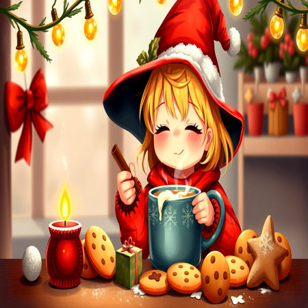 Cute girl in a red Santa Claus costume with a cup of hot cocoa.の写真素材