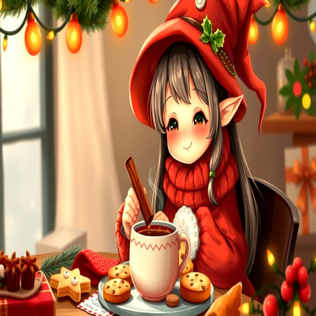 A cute little girl in a red hat and scarf is sitting at a table with a cup of hot chocolate and cookies.の写真素材