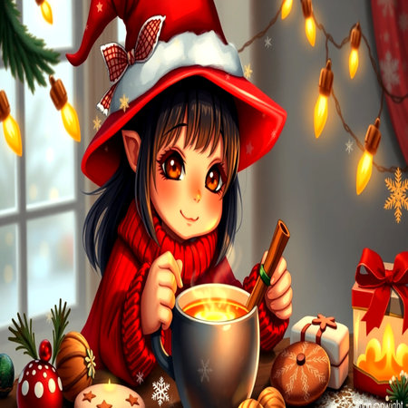 Cute little girl in a red sweater with a mug of hot mulled wine on the background of the window.の写真素材