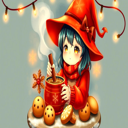 Cute girl in a witch costume with a mug of hot drink, gingerbread cookies and Christmas lights.の写真素材
