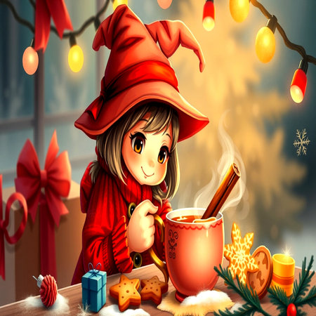 Cute little girl in a red witch costume with a cup of hot chocolate and gingerbread cookies on a wooden table. Christmas and New Year theme.の写真素材