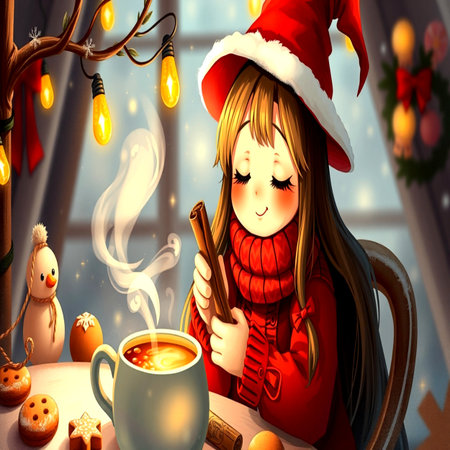 A cute girl in a red coat and a Santa hat is holding a cup of hot tea.の写真素材