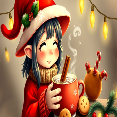 Illustration of a cute girl in a Santa hat with a cup of hot chocolateの写真素材