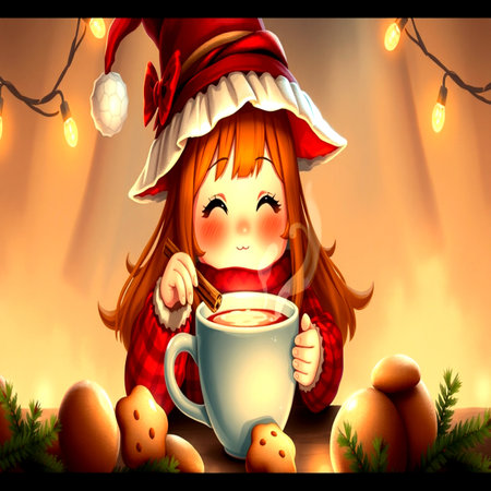 Cute girl with cup of hot chocolate on christmas background.の写真素材