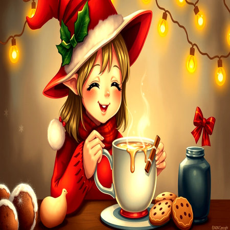 Cute girl in a Santa Claus hat with a cup of hot cocoa.の写真素材