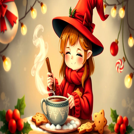 Cute girl in a witch costume with a cup of hot chocolate.の写真素材