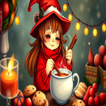 A cute little girl in a red sweater and a Santa Claus hat is holding a cup of hot chocolate with marshmallows and cookies.の写真素材