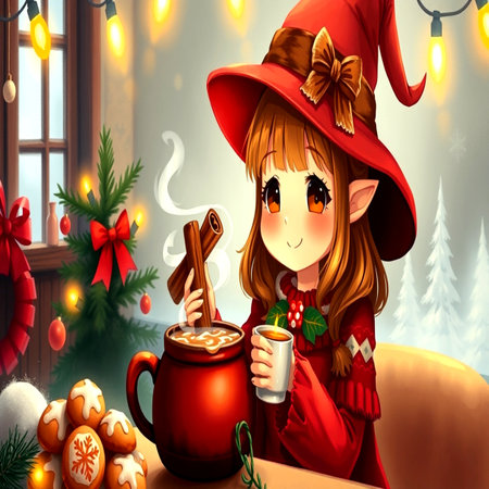 Christmas girl with hot mulled wine in the living room, illustrationの写真素材