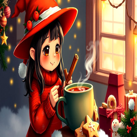A cute cartoon girl in a red sweater and a hat holds a mug of hot tea or mulled wine in front of the window with Christmas decorationsの写真素材