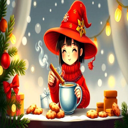Cute girl in a red hat with a mug of hot chocolate and cookies on a Christmas background.の写真素材