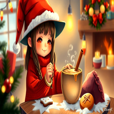 Cute little girl in Santa Claus hat and red sweater is preparing for Christmas.の写真素材