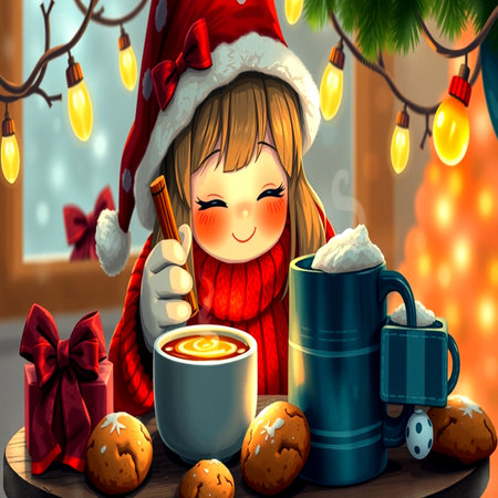 A cute cartoon girl in a red sweater and a Santa Claus hat is holding a cup of hot cocoa with marshmallows and cookies.の写真素材