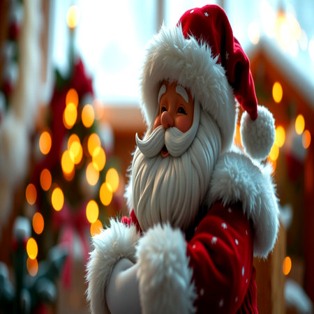 Santa Claus sitting on the stairs of the house. Christmas decoration.の写真素材